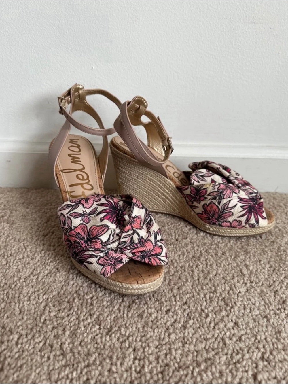 Sam Edelman Aubrey Pink Floral and Tan Espadrille Wedge Sandals Womens 7